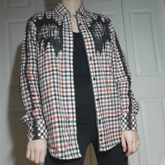 The Scarecrow, a red, orange, black & white cotton  checkered button-down shirt - Picture 2 of 15